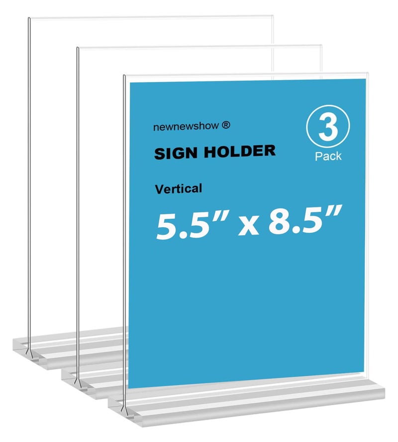 newnewshow Acrylic Sign Holder 5.5x8.5 Inch 3 Pack Vertical T Shape Double-Sided Desktop Display Holder. (Optional 8.5x11 8.5x5.5 5x7 Horizontal and Vertical) - Image 1